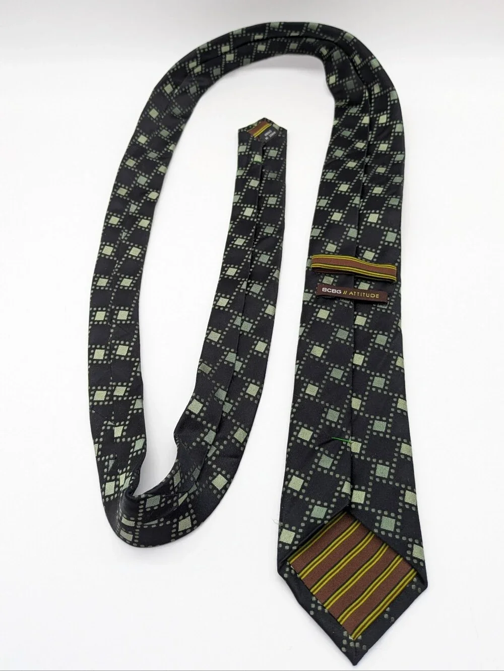 BCBG Attitude Black Green Checkered Silk Tie